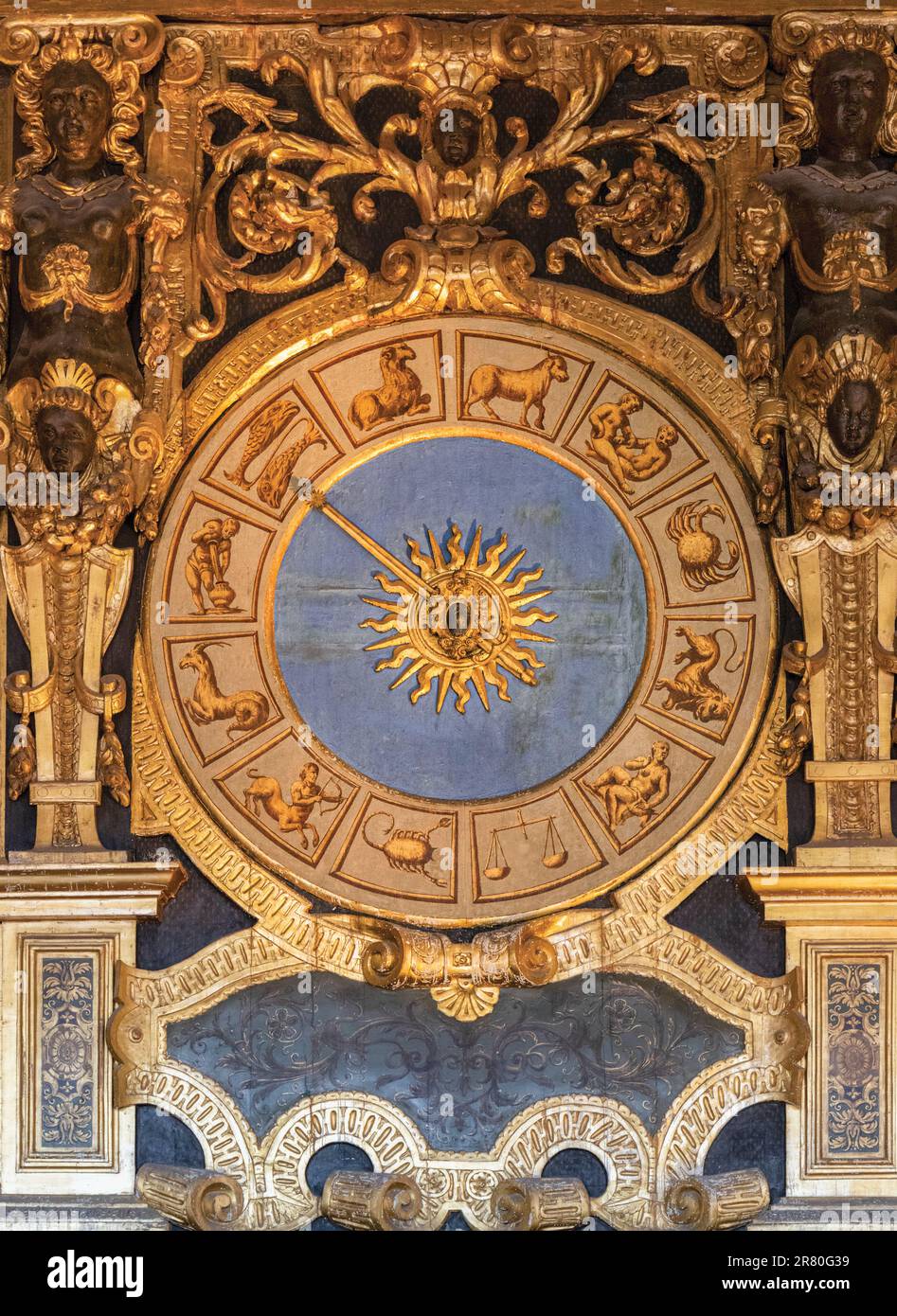Detail of astrological clock with the twelve signs of the zodiac in the Senate Chamber or Sala del Senato in the Doge's Palace, or Palazzo Ducale.  Ve Stock Photo