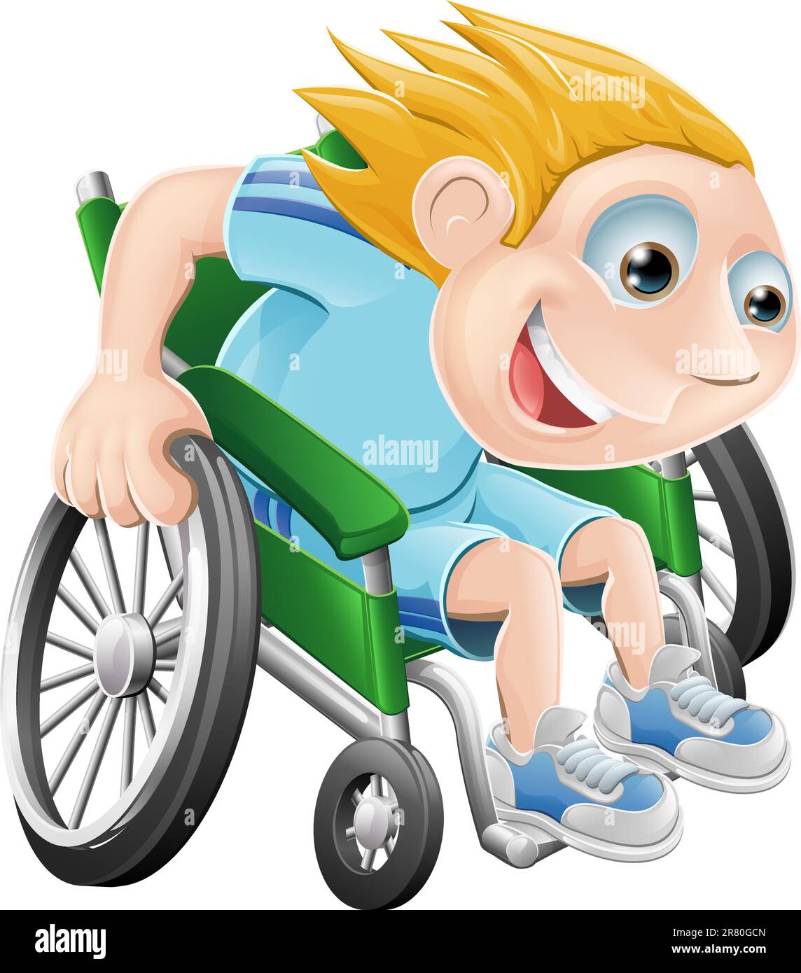 Cartoon illustration of a happy boy racing in his wheelchair Stock Vector