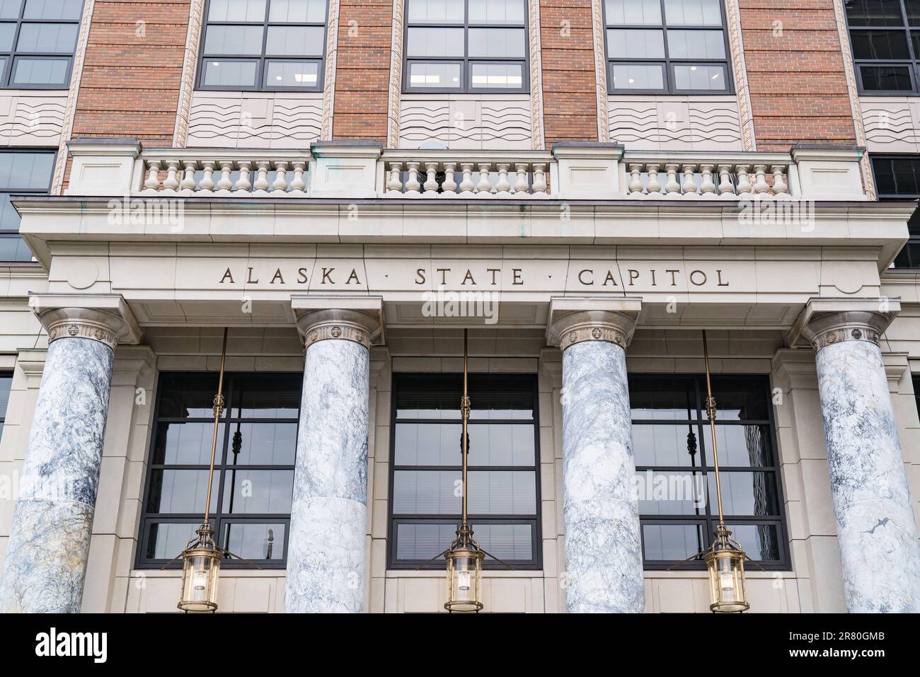 Facade of the Alaska State Capitol Building in downtown Juneau Stock Photo