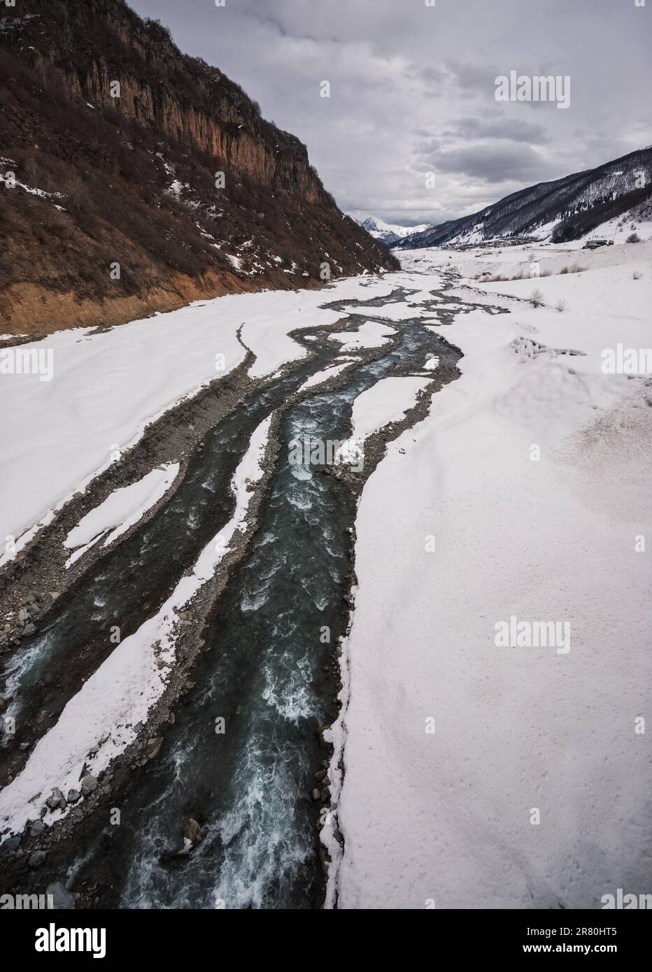 Scene of the river flow at winter season, georgia, caucasus Stock Photo