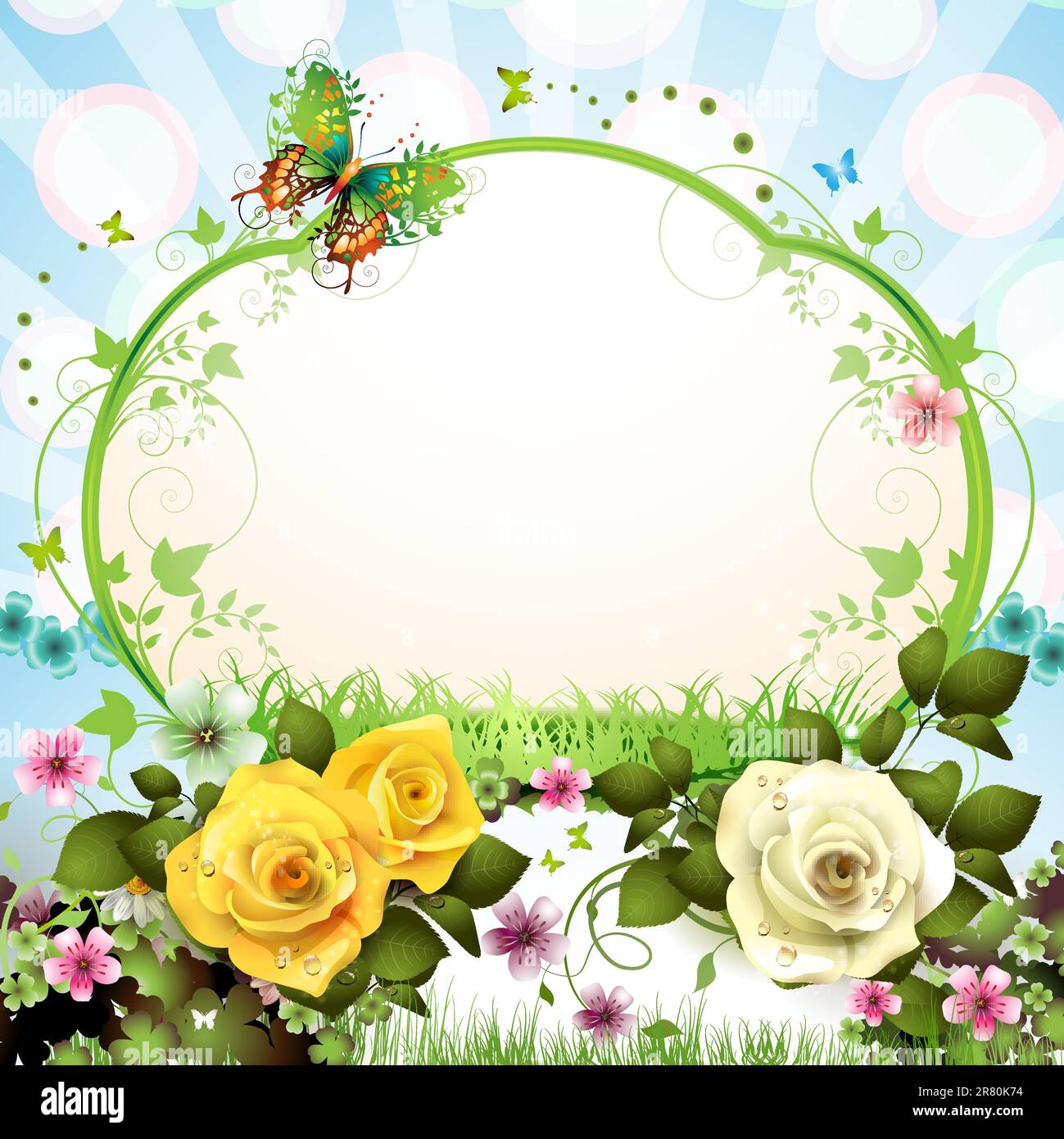 Springtime background with butterflies and roses Stock Vector