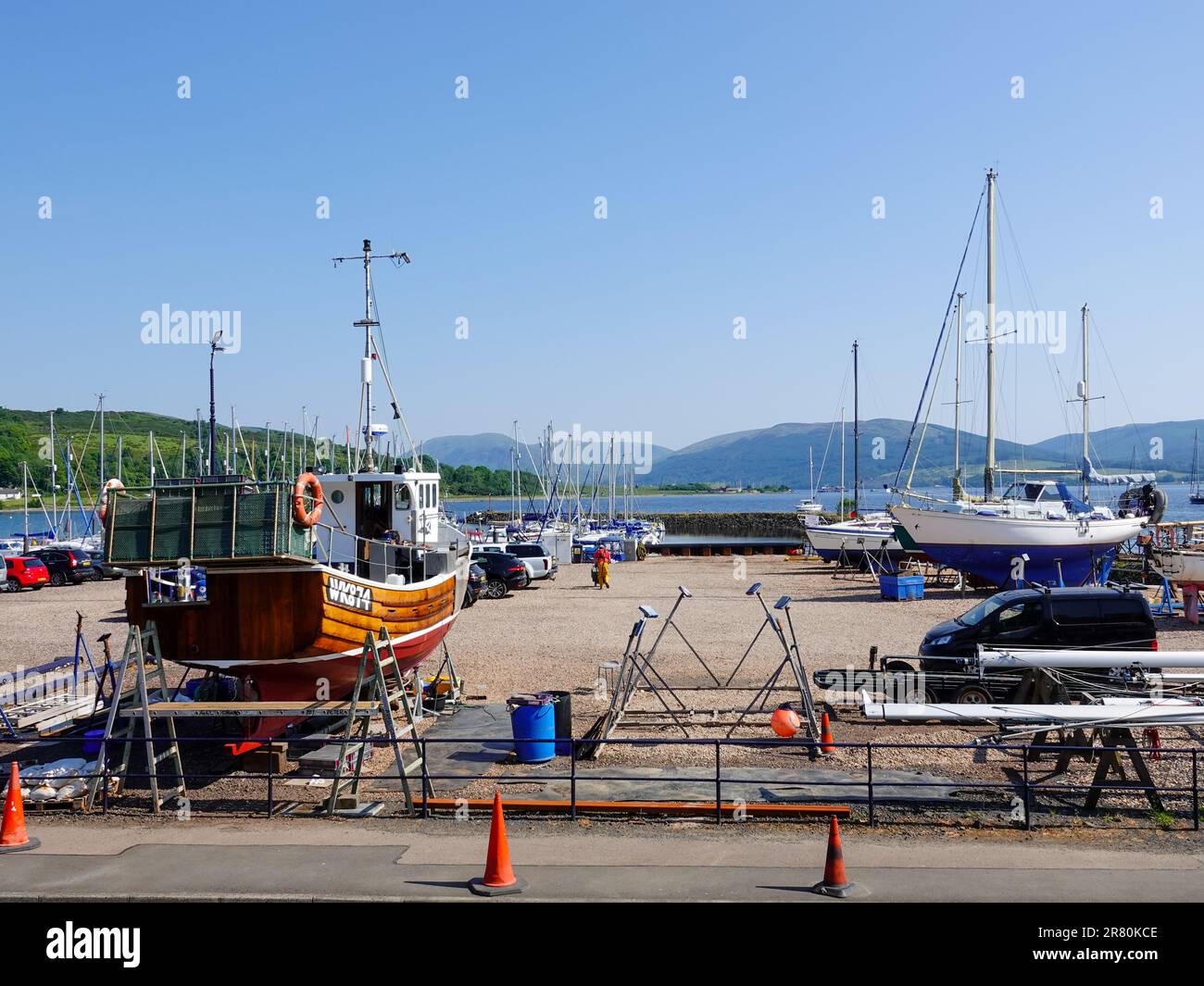 Boats out of water at the Port Bannatyne yacht marina, Kames Bay, Isle