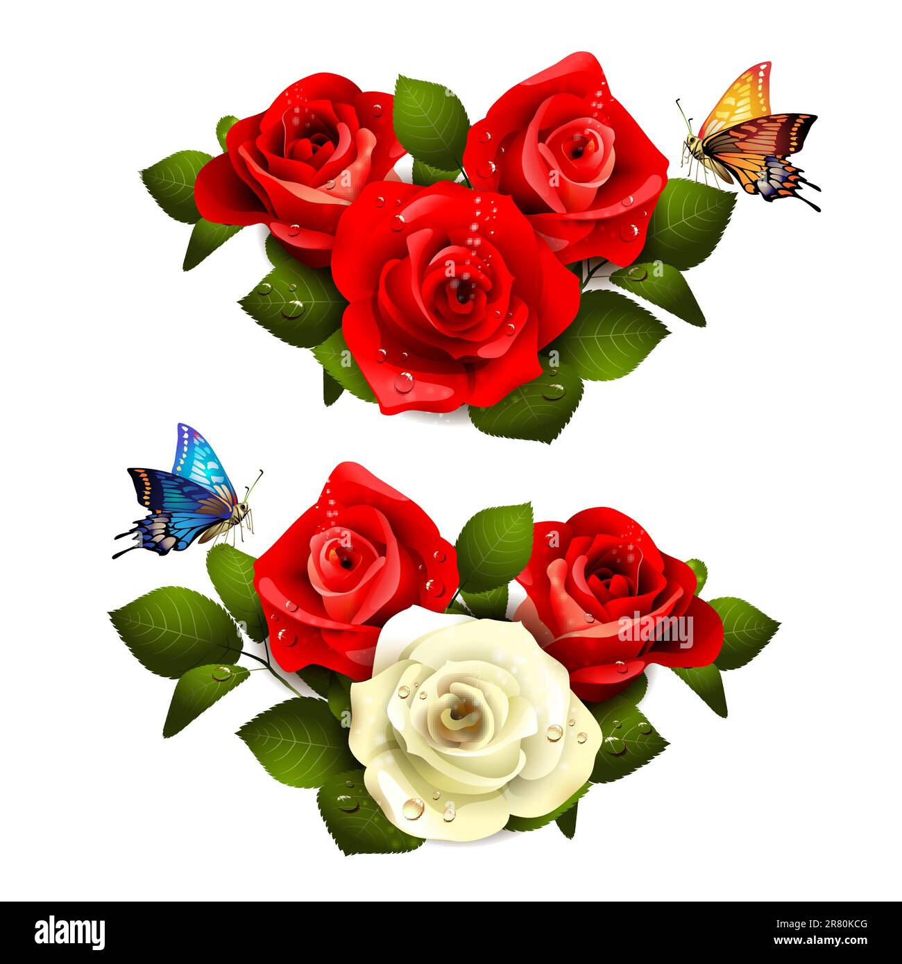 Roses with butterflies on white background Stock Vector