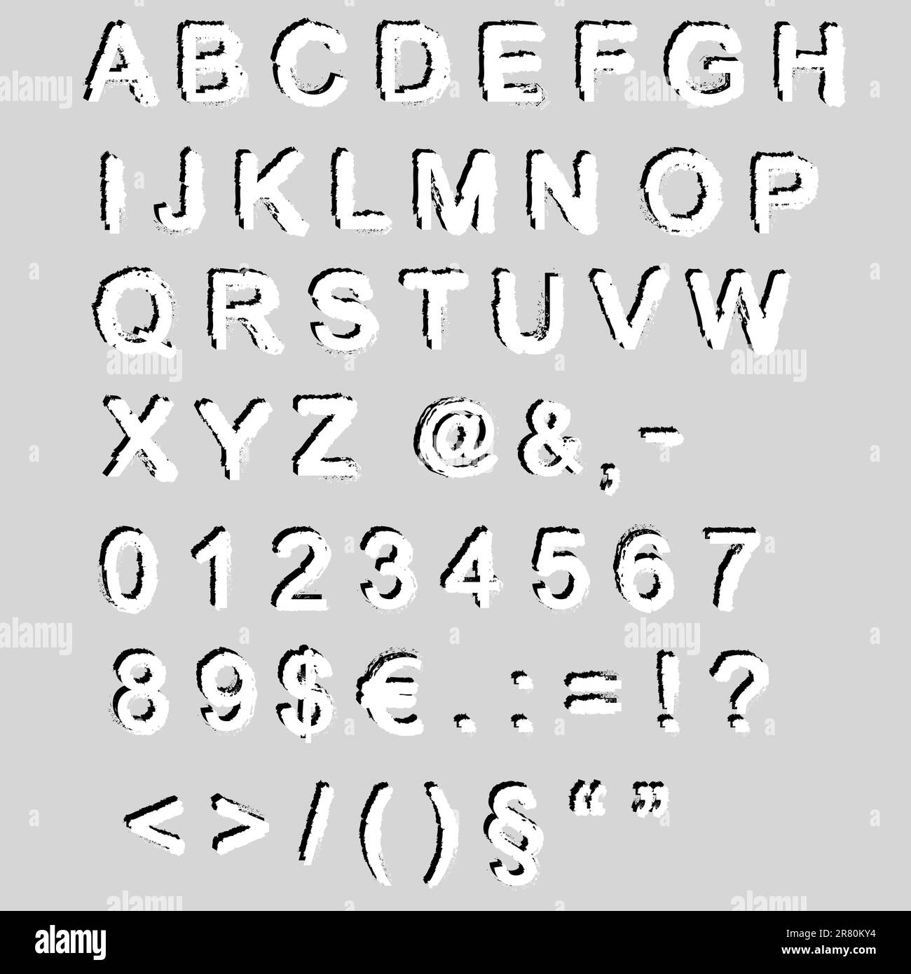 Grunge font -  alphabet and numbers - vector, This file is vector, can be scaled to any size without loss of quality. Stock Vector