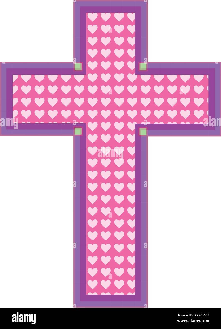 A pink color cross has heart cutouts in a paler shade of pink, with a mauve and purple color border. Stock Vector