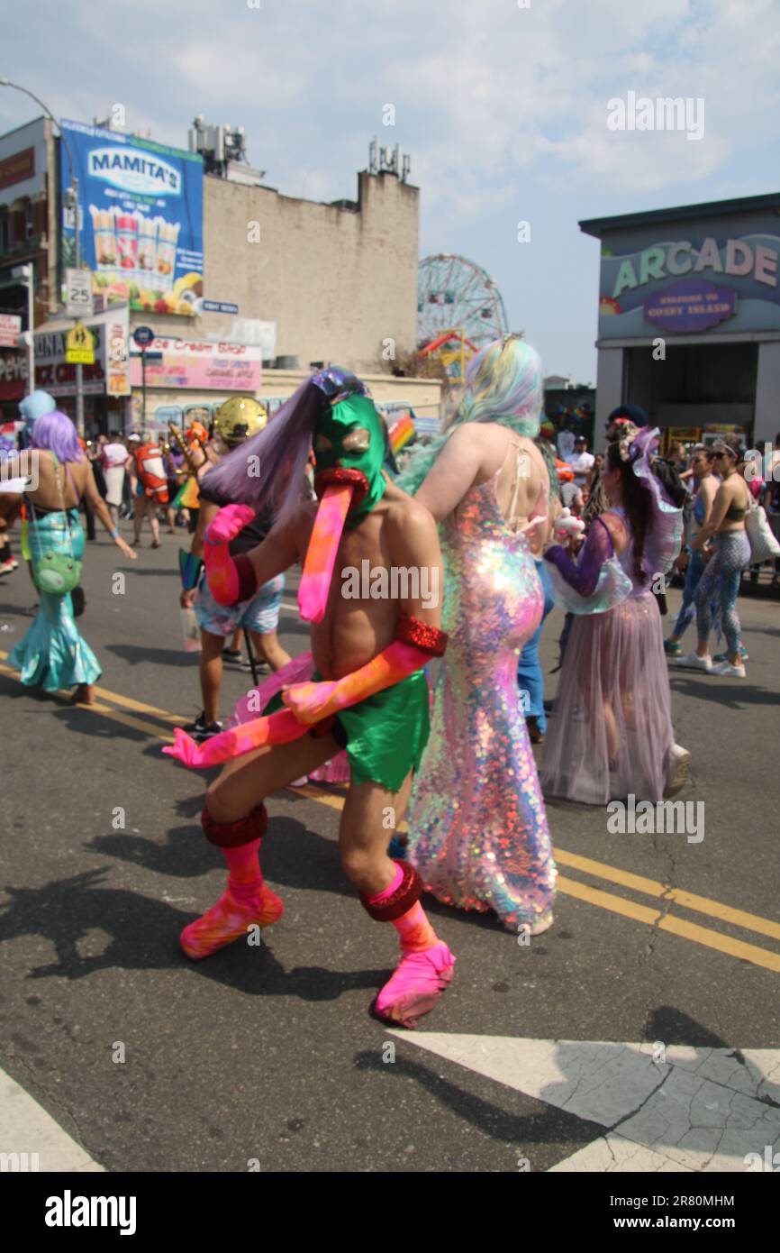 Coney Island Boardwalk, Coney Island, NY 11224, USA. June 17, 2023. New York City’s Coney Island stages it’s annual bawdy, outrageous and bizarre Mermaid Parade -- as the ghouls and goons of the sea emerge to strut down the seaside town’s rundown boardwalk. Credit: ©Julia Mineeva/EGBN TV News/Alamy Live News Stock Photo