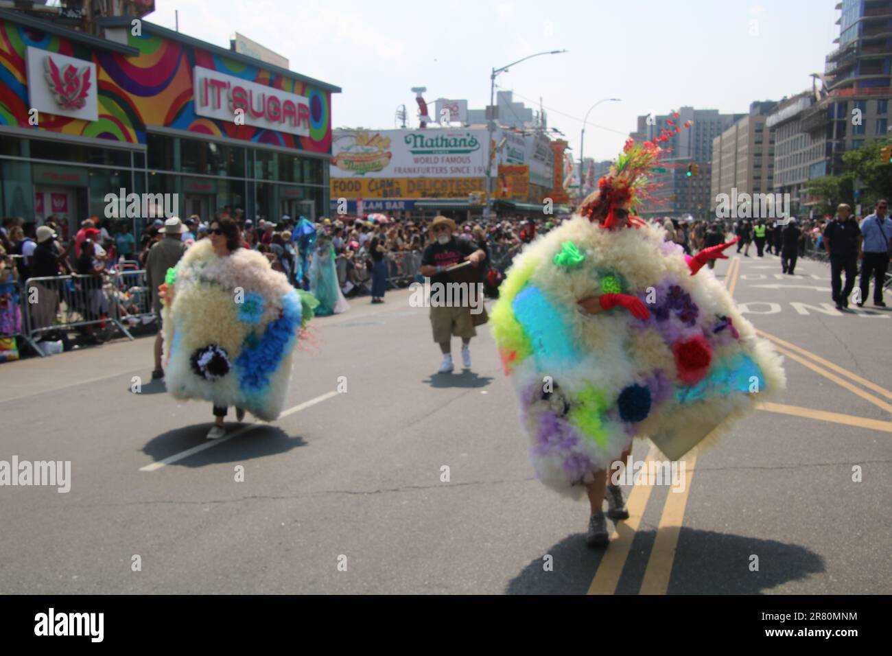 Coney Island Boardwalk, Coney Island, NY 11224, USA. June 17, 2023. New York City’s Coney Island stages it’s annual bawdy, outrageous and bizarre Mermaid Parade -- as the ghouls and goons of the sea emerge to strut down the seaside town’s rundown boardwalk. Credit: ©Julia Mineeva/EGBN TV News/Alamy Live News Stock Photo