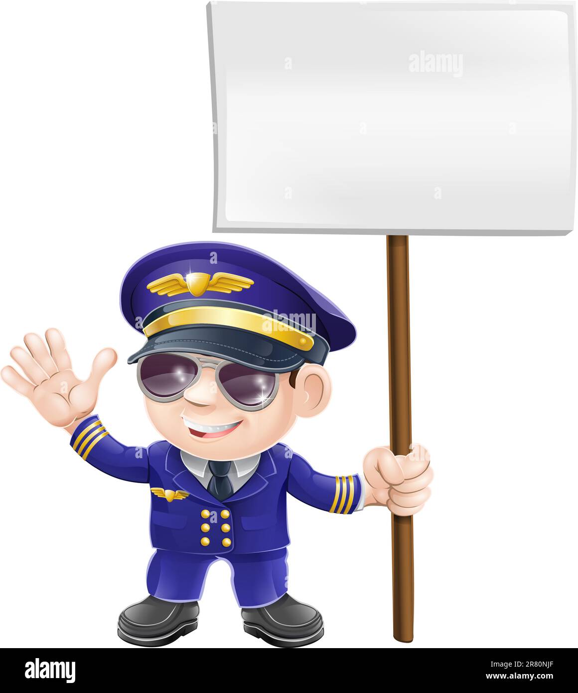 Illustration of a cute airplane pilot character waving and holding message sign Stock Vector
