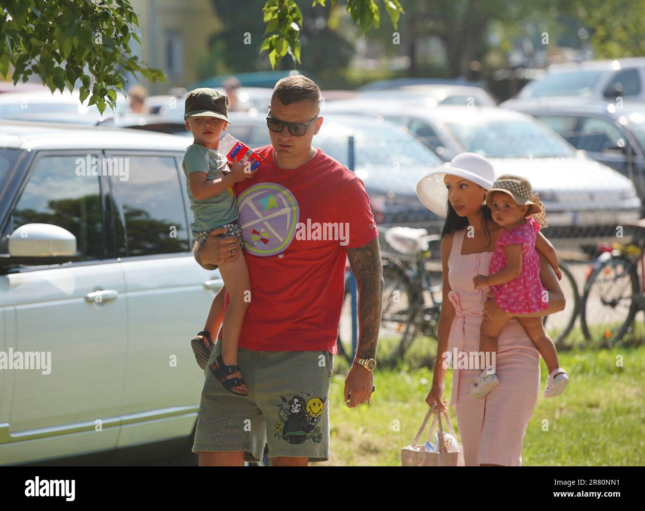 Sombor, Serbia. 18th June, 2023. Nemanja Jokic, brother of NBA basketball player Nikola Jokic, with his wife and children arrived at the horse race 'Cup of the City of Sombor' in Sombor, Serbia on June 18, 2023. Photo: Dejan Rakita/PIXSELL Credit: Pixsell/Alamy Live News Stock Photo