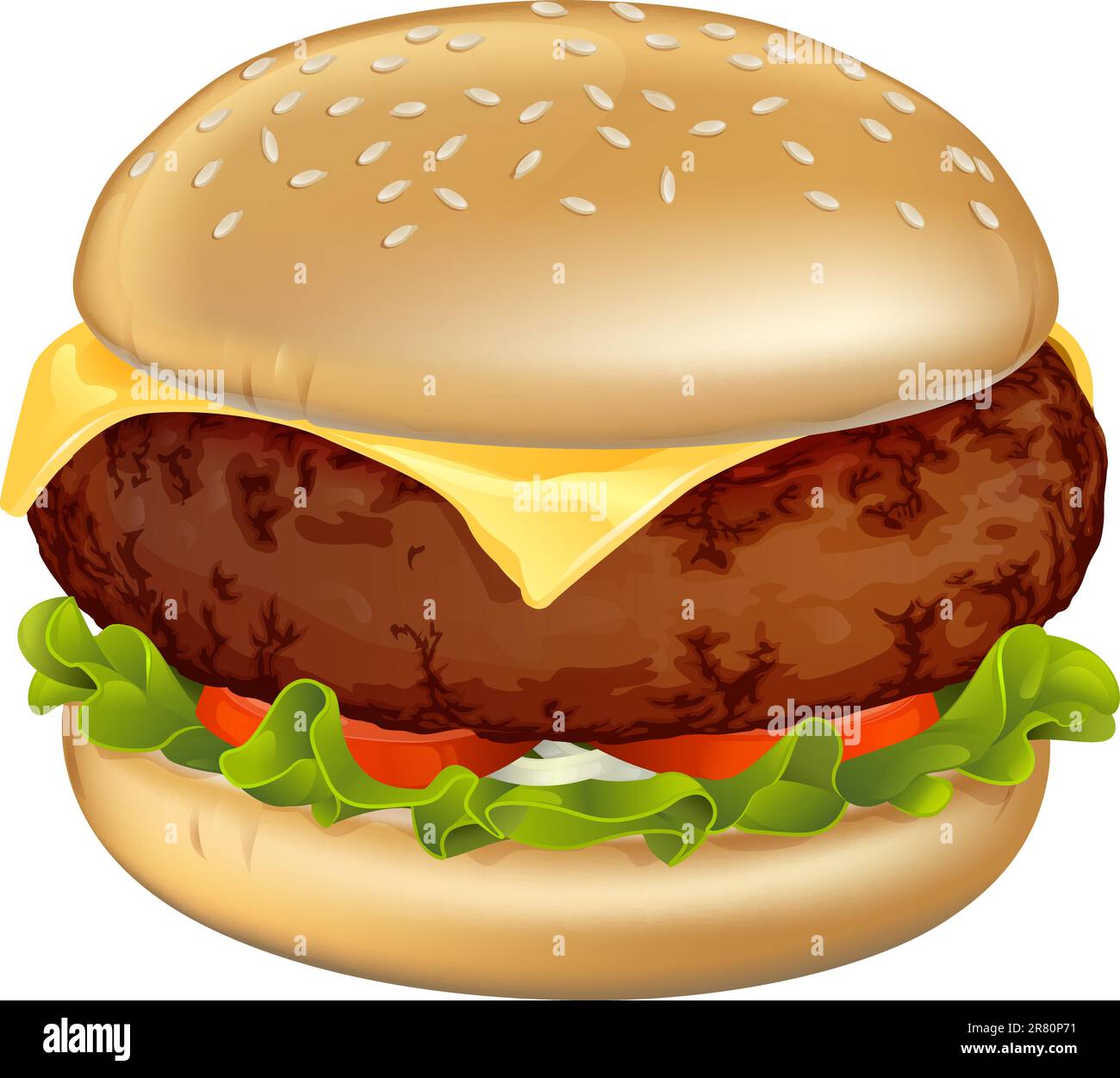 Illustration of a tasty looking classic beef cheeseburger with lettuce, tomato and onion Stock Vector