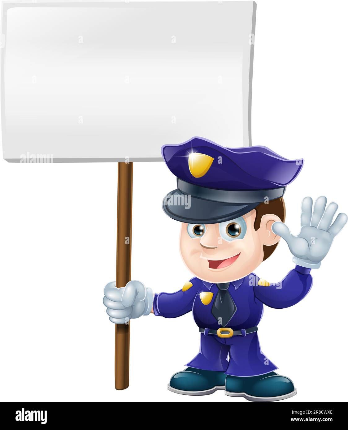 Illustration of a cute police character waving or saying stop and holding message sign Stock Vector