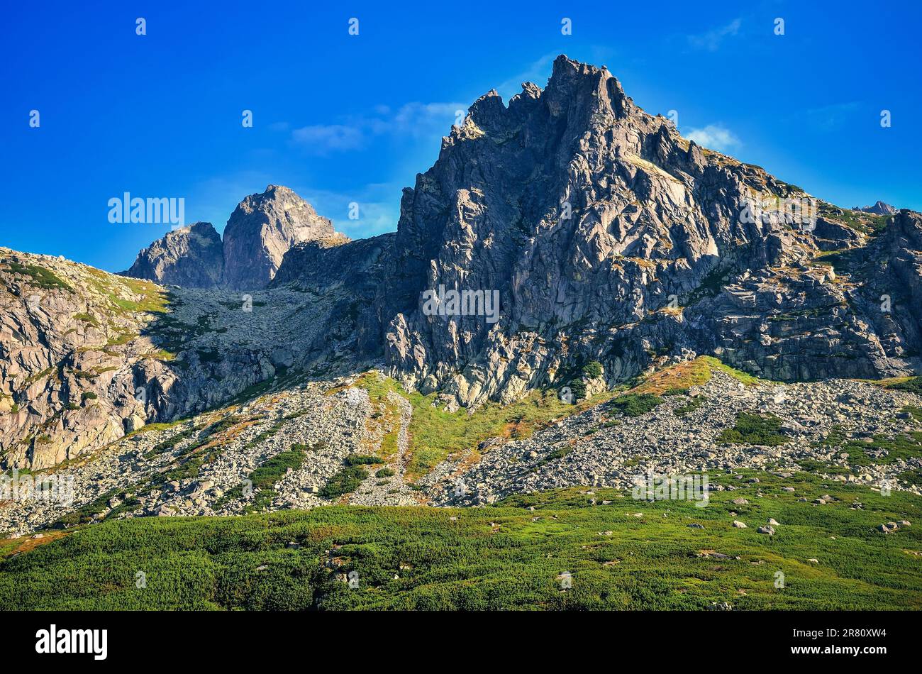 Summer mountain landscape in Slovak mountains. Beautiful rocky peaks in High Tatra, Slovakia. Stock Photo