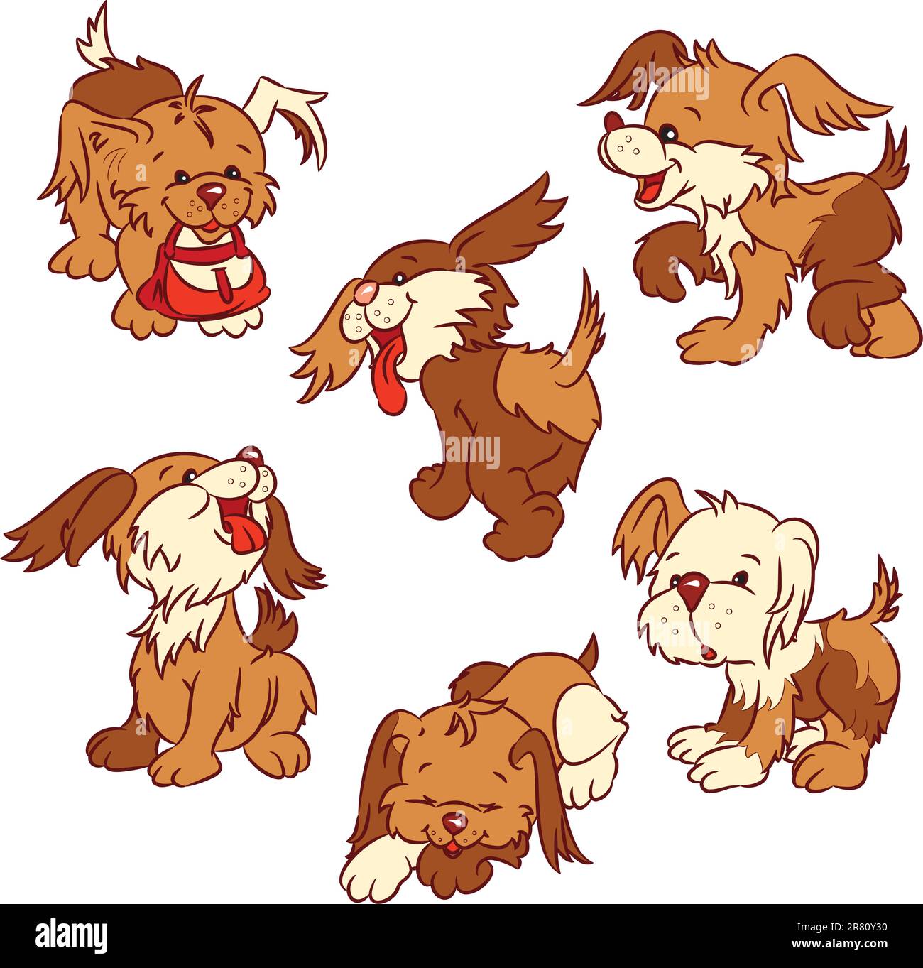 Six cartoon  puppies, isolated from a background. Stock Vector