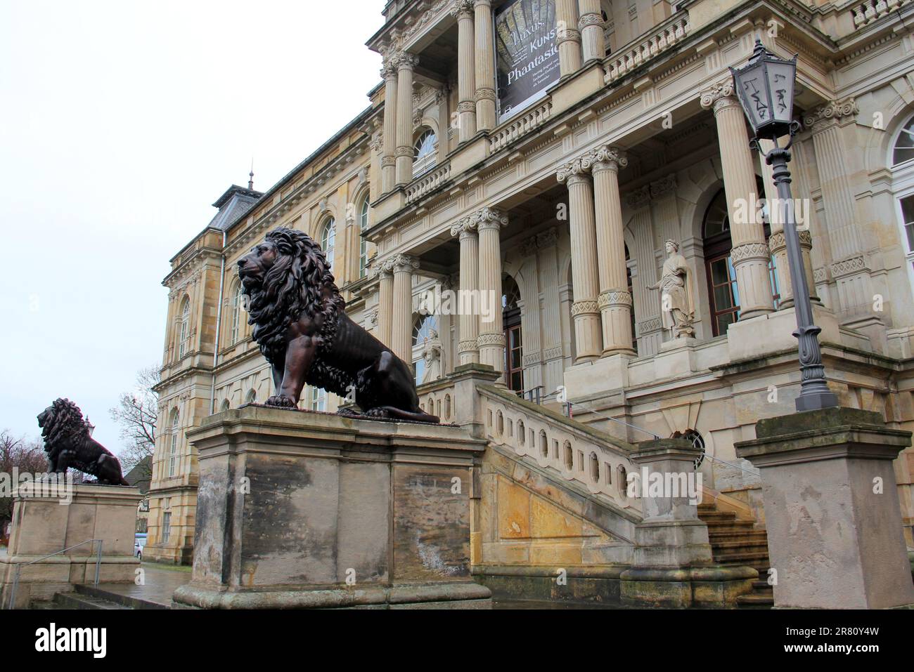 Bronze lions on the entrance steps of the Ducal Museum, Gotha, Germany Stock Photo