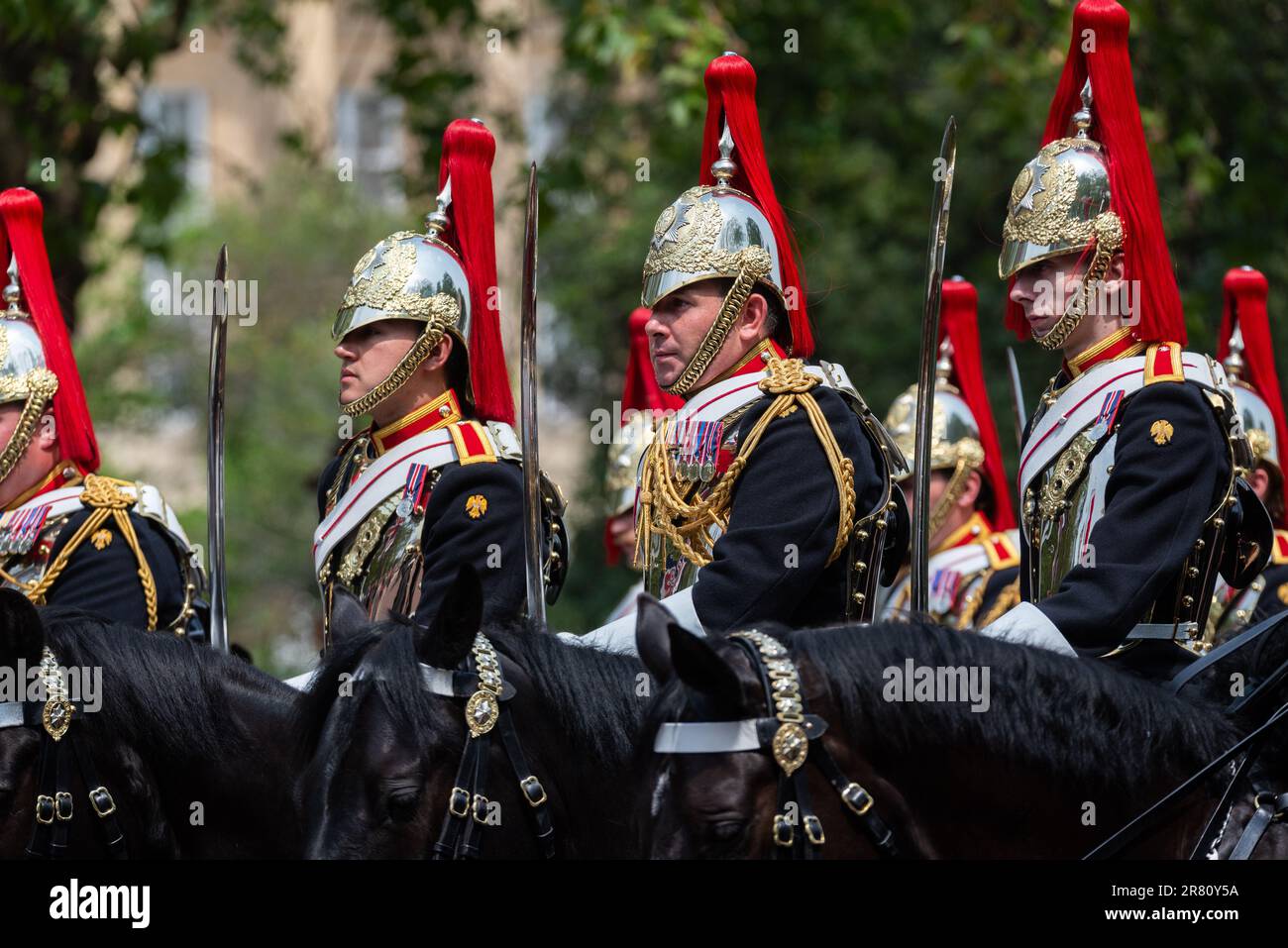 Blues & Royals of the Household Cavalry at Trooping the Colour 2023 in The Mall, London, UK. Household Cavalry Mounted Regiment soldiers riding Stock Photo