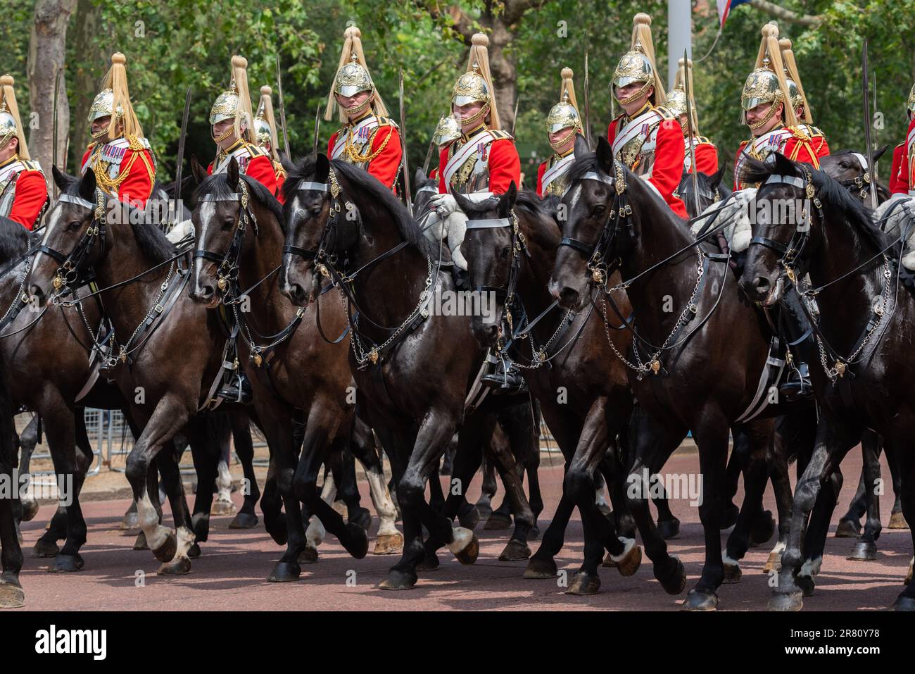 The Life Guards of the Household Cavalry at Trooping the Colour 2023 in The Mall, London, UK. Female soldiers of Household Cavalry Mounted Regiment Stock Photo