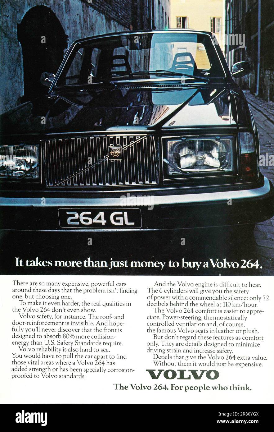 Volvo 264 GL car advert in a magazine 1977. For People Who Think slogan, volvo advertising. Stock Photo