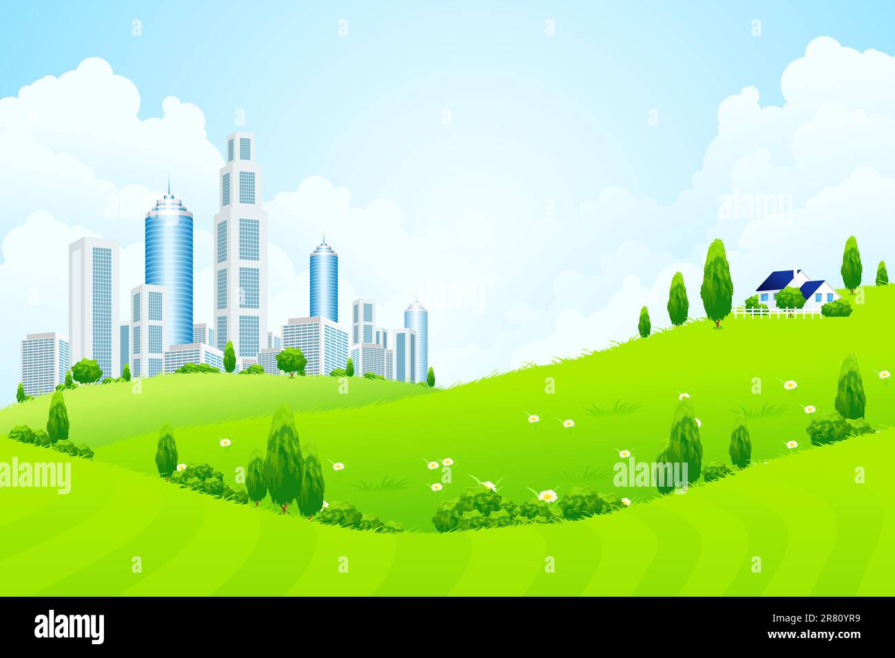 Green Landscape with City House Trees and Clouds Stock Vector Image ...