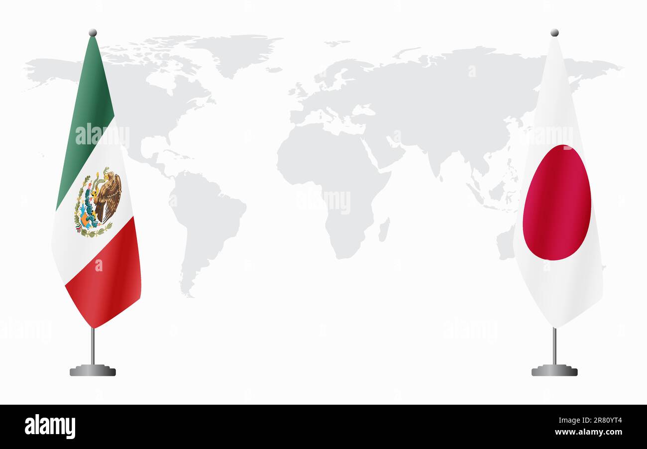 Mexico and Japan flags for official meeting against background of world