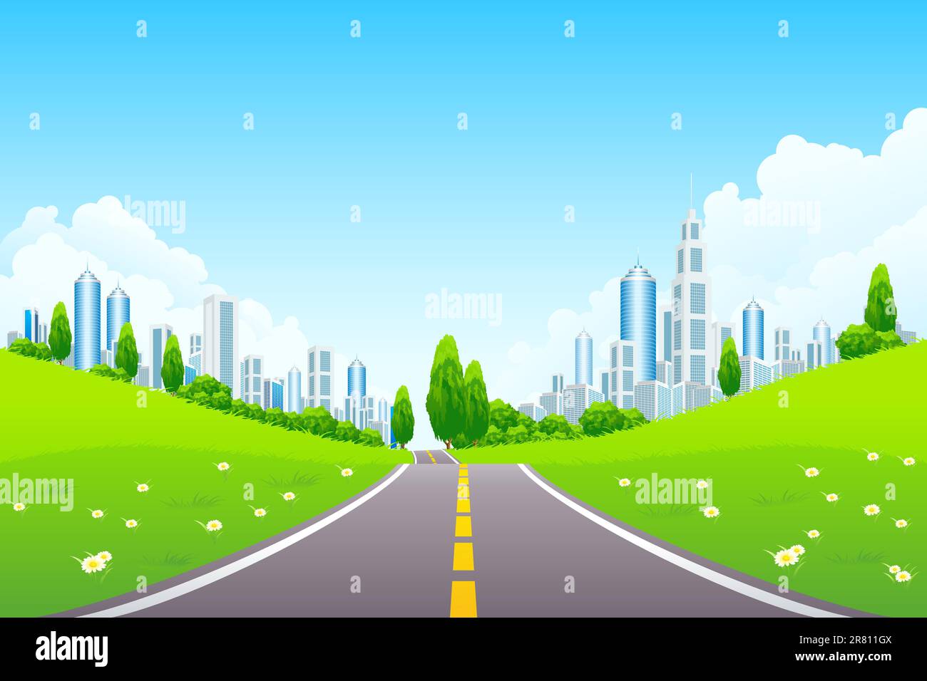 Green City Landscape with Trees Flowers Clouds and Road Stock Vector ...