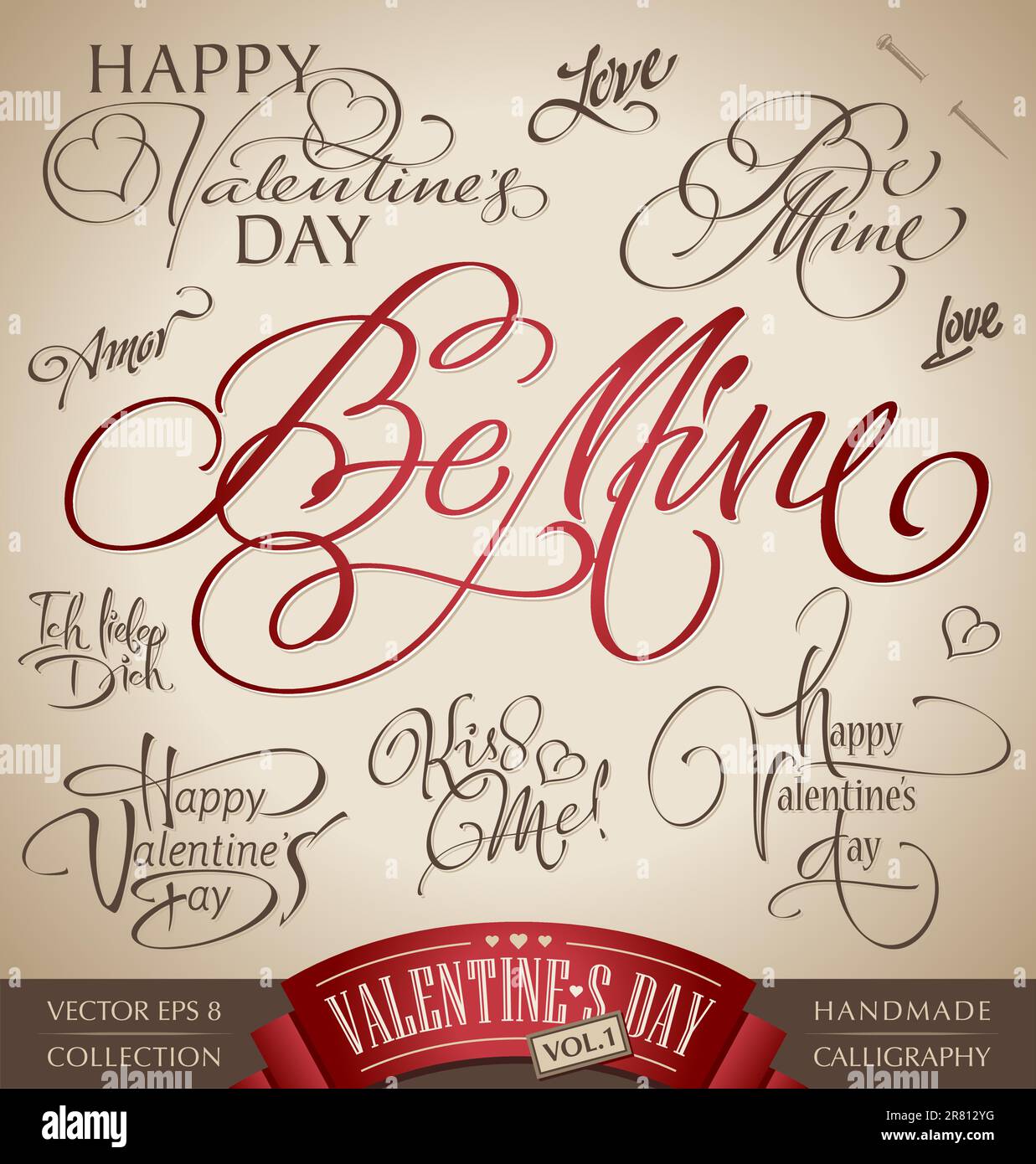 set of 10 valentine's hand lettered headlines - handmade calligraphy; vector illustration (eps8) Stock Vector