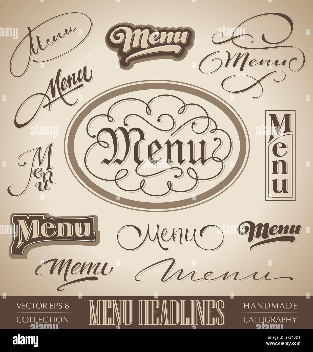 set of 12 hand lettered menu headlines - handmade calligraphy; vector illustration (eps8) Stock Vector