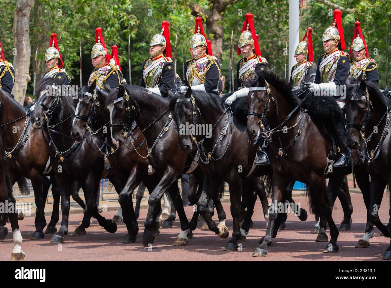 Blues & Royals of the Household Cavalry at Trooping the Colour in The Mall, London, UK. Household Cavalry Mounted Regiment Stock Photo