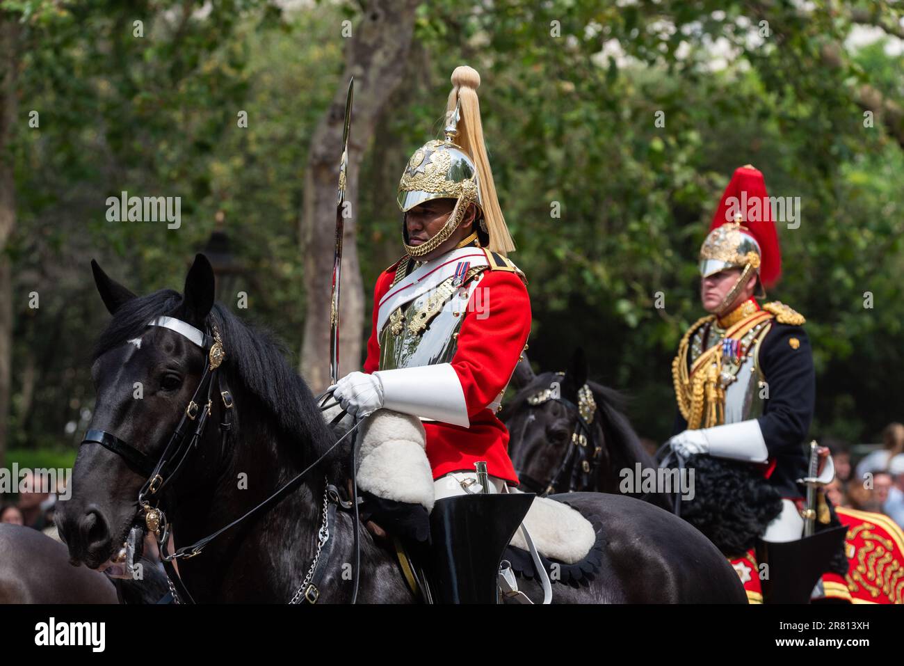 Black male soldier of the Life Guards of the Household Cavalry at Trooping the Colour in The Mall, London, UK. Stock Photo