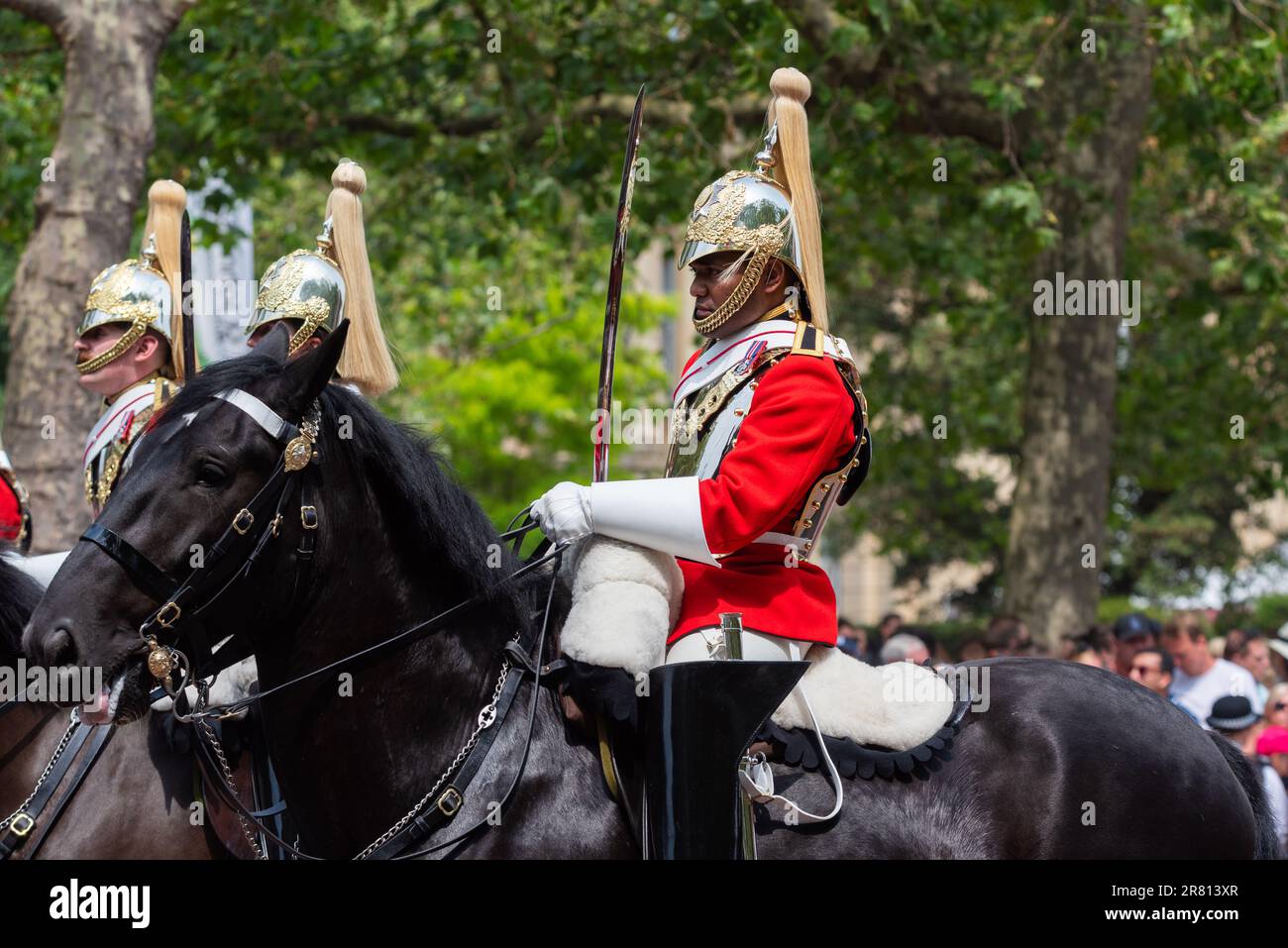 Black male soldier of the Life Guards of the Household Cavalry at Trooping the Colour in The Mall, London, UK. Stock Photo