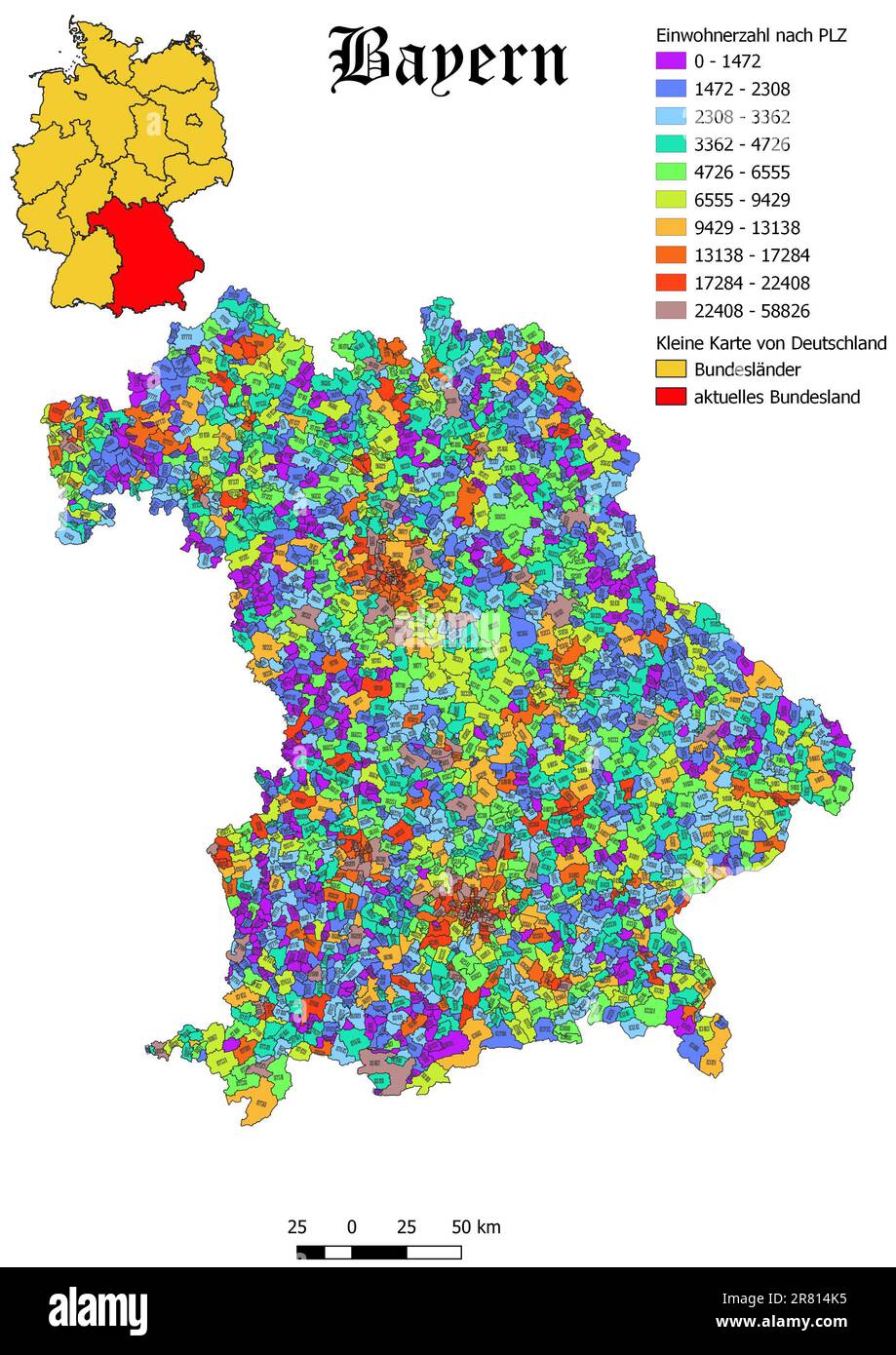 Federal state Bayern population by postal code map with Germany map Stock Photo Alamy