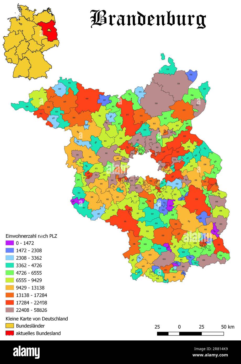 Federal state Brandenburg population by postal code map with Germany