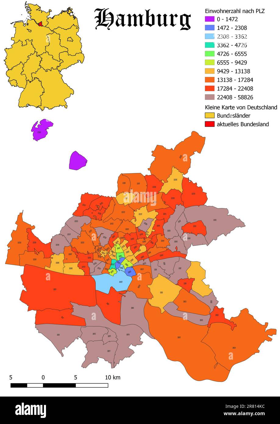 Federal state Hamburg population by postal code map with Germany map