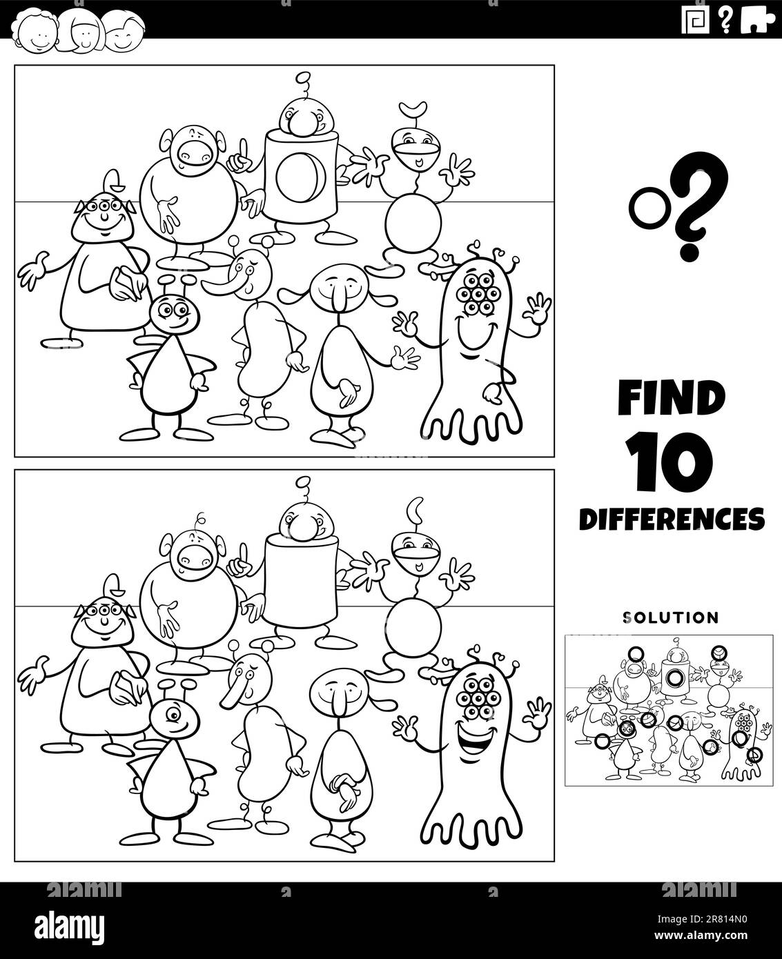 Black and white cartoon illustration of finding the differences between pictures educational game with aliens or monsters characters group coloring pa Stock Vector