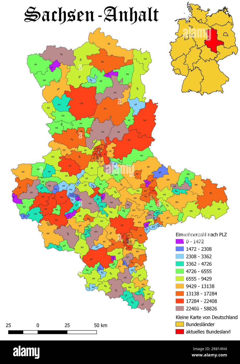 Federal state Sachsen - Anhalt population by postal code map with Germany map Stock Photo