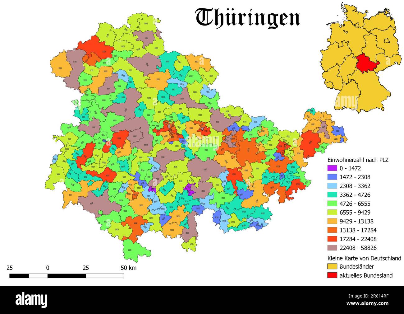 Federal state Thüringen population by postal code map with Germany map