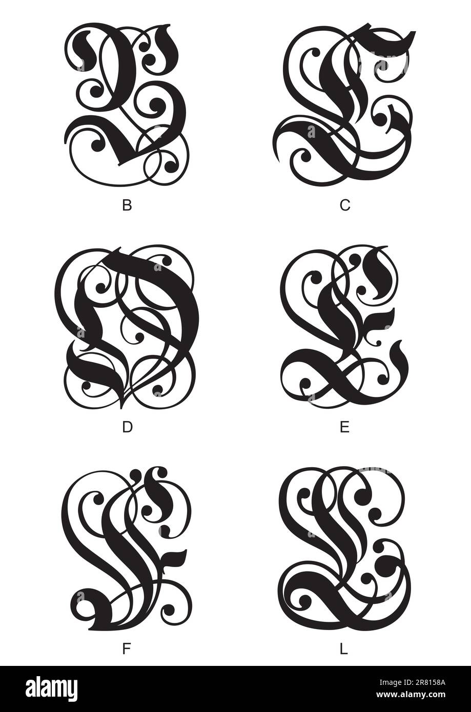 calligraphic gothic initials letters B, C, D, E, F, L Stock Vector