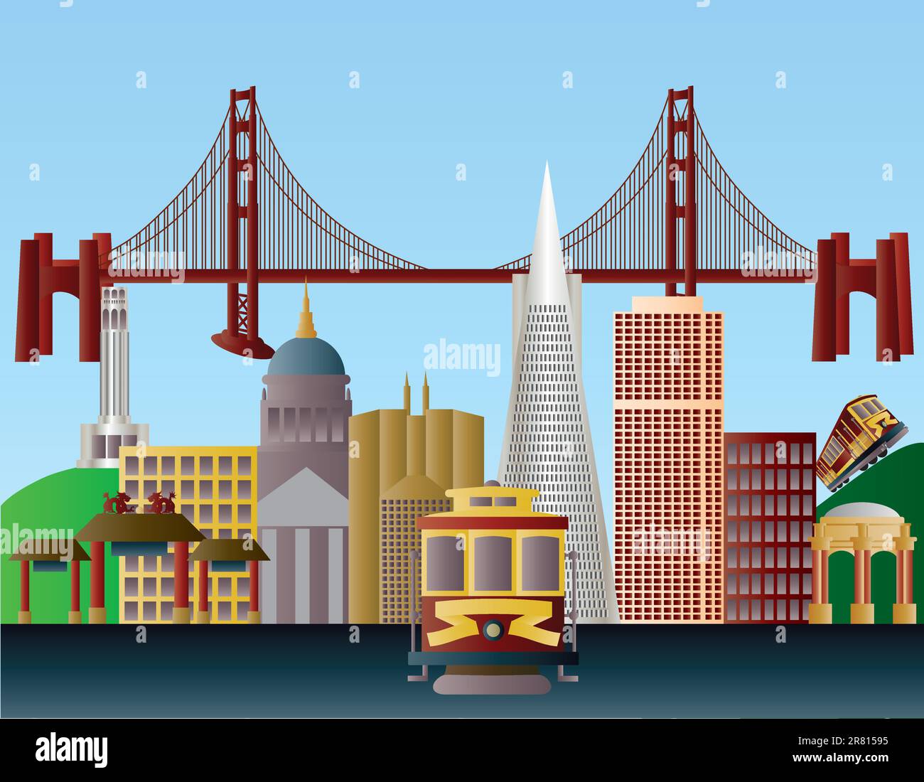 San Francisco California City Skyline with Golden Gate Bridge Illustration Stock Vector