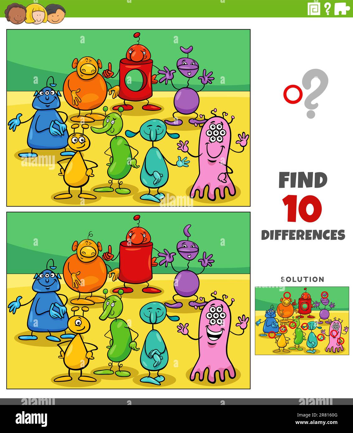 Cartoon illustration of finding the differences between pictures educational game with aliens or monsters characters group Stock Vector
