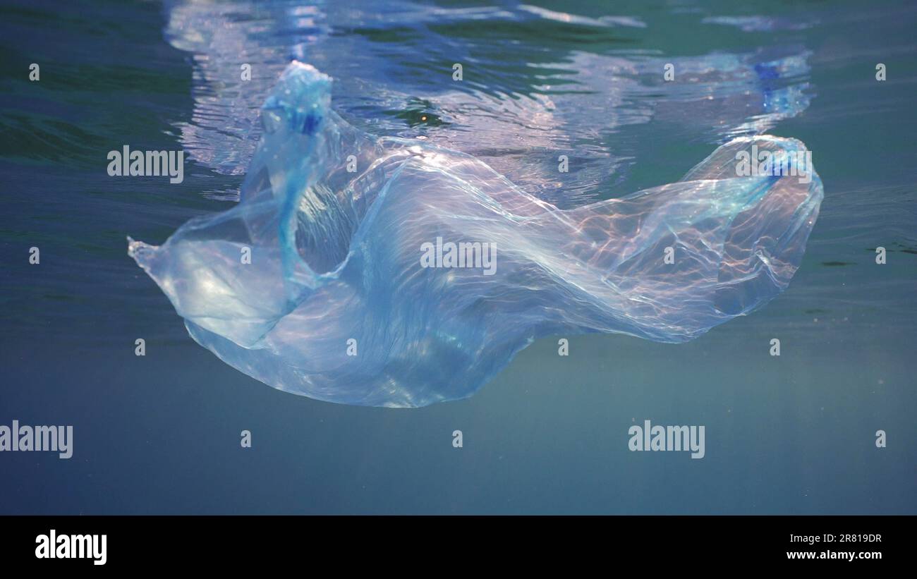 Disposable blue plastic bag floats under surface in blue water in