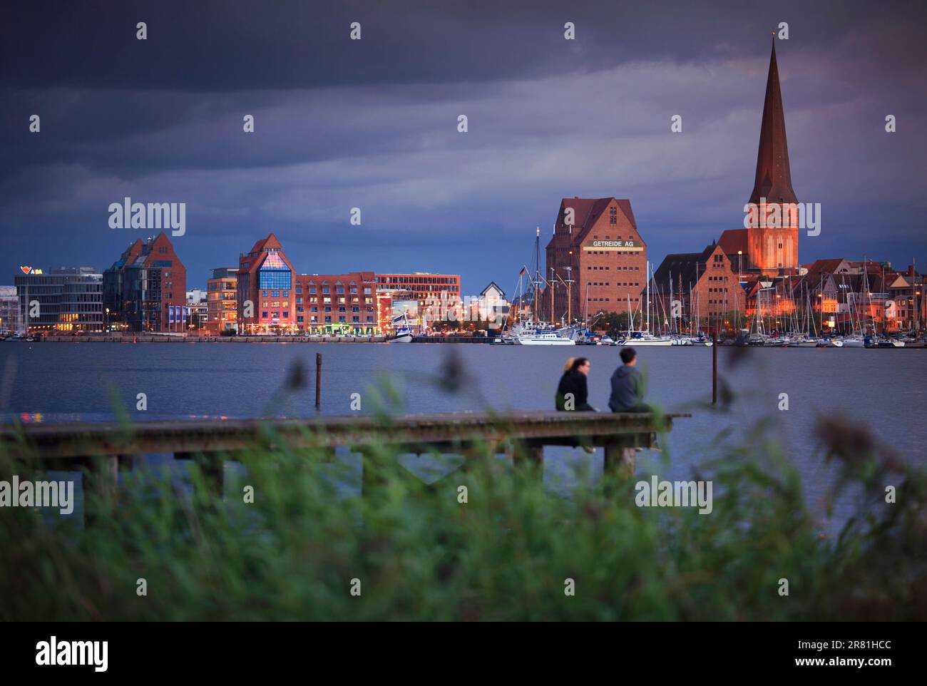 Rostock skyline, St. Peter's Church - Panorama of Rostock from the bank of the Warnow river Stock Photo