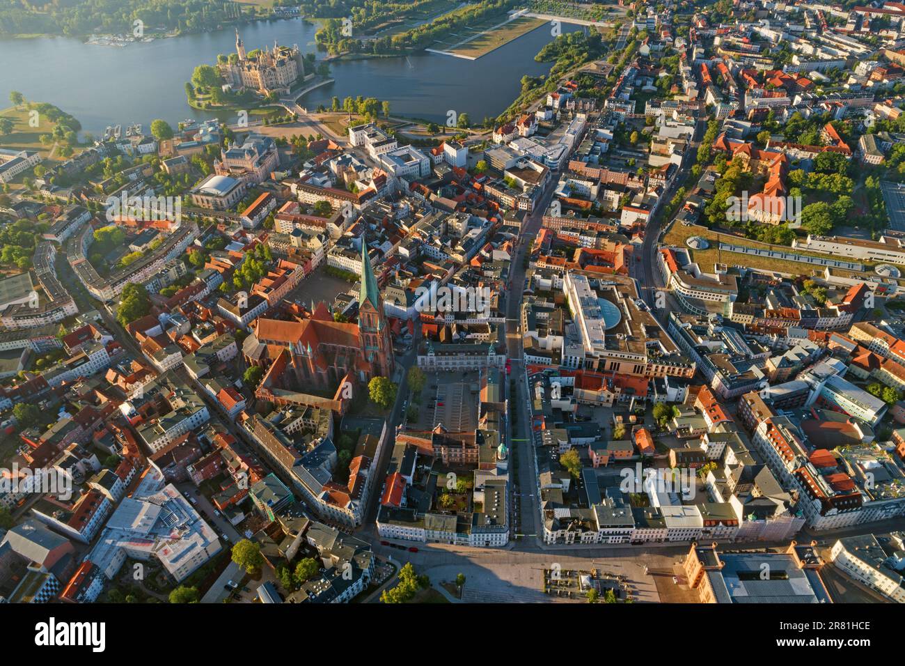 Schwerin - German state of Mecklenburg-Vorpommern, aerial view over the city - Old Town, castle and cathedral Stock Photo