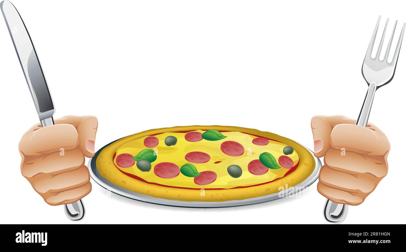 Illustration of a pizza with hands holding a knife and fork Stock