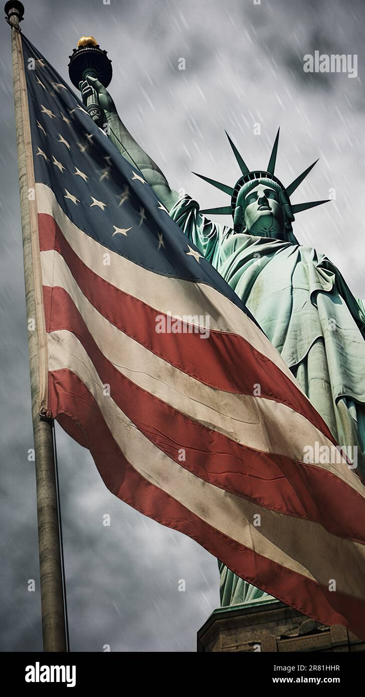 A powerful image showcasing the Statue of Liberty in the foreground with the American flag waving in the foreground, embodying the spirit of freedom a Stock Photo