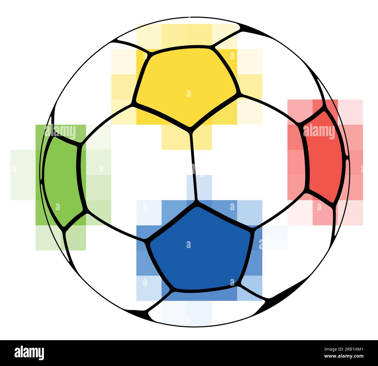 Colorful soccer ball made out of black lines and four colors yellow