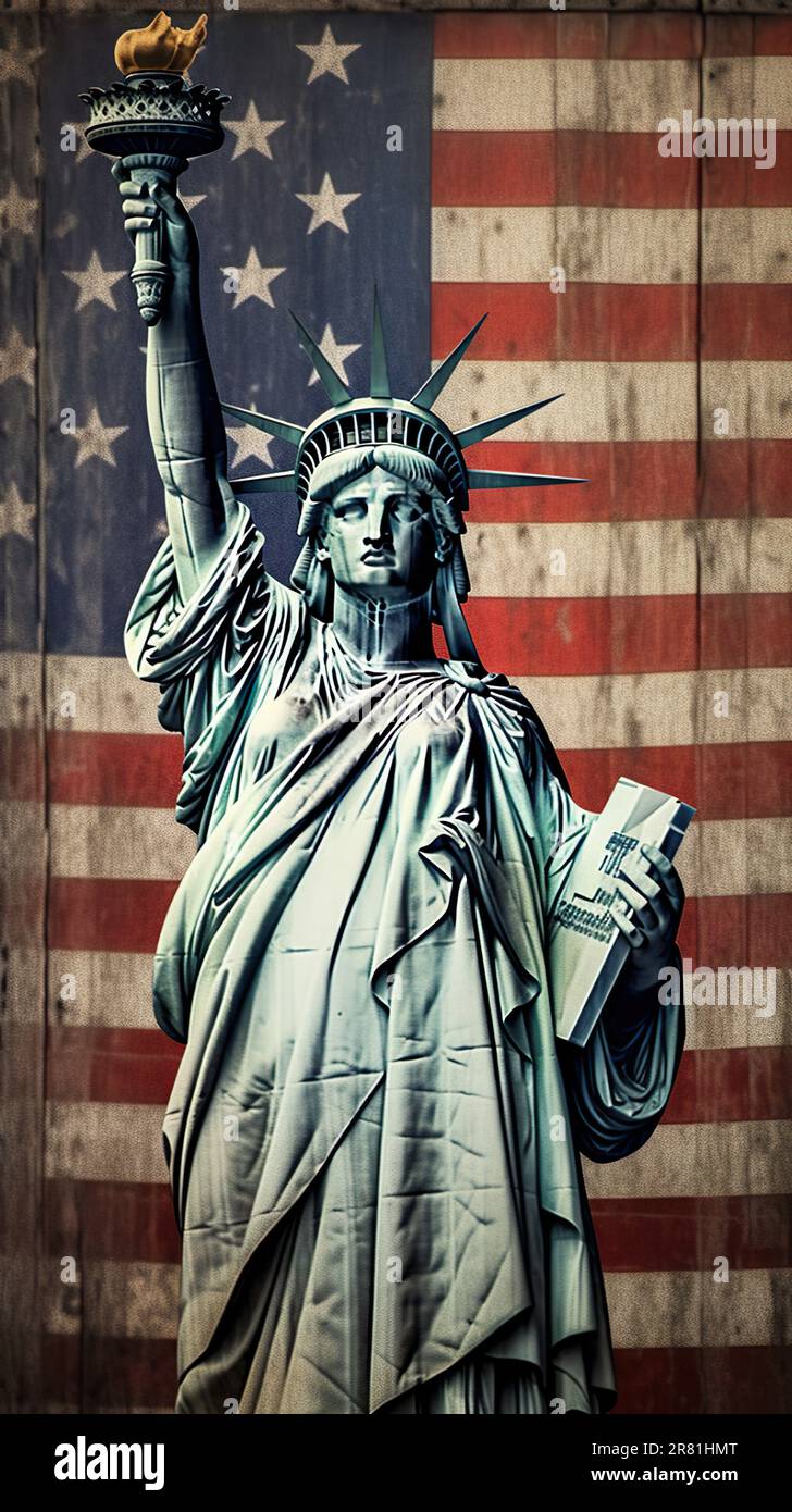 A powerful image showcasing the Statue of Liberty in the foreground with the American flag waving in the background, embodying the spirit of freedom a Stock Photo