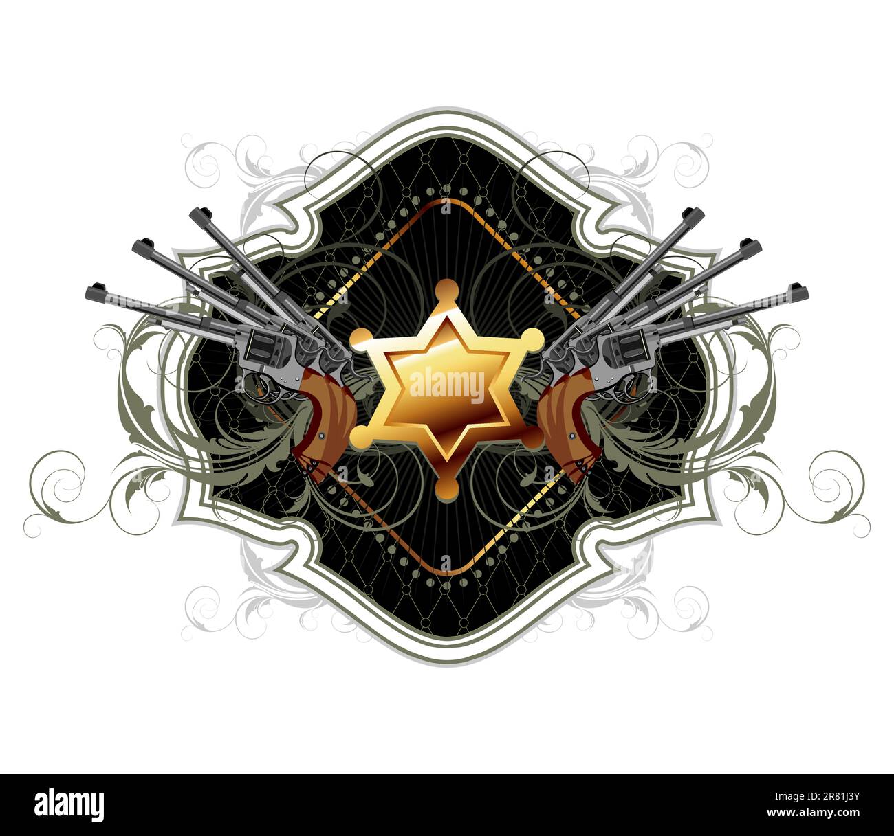 sheriff star with guns ornate frame, this illustration may be useful as designer work Stock Vector