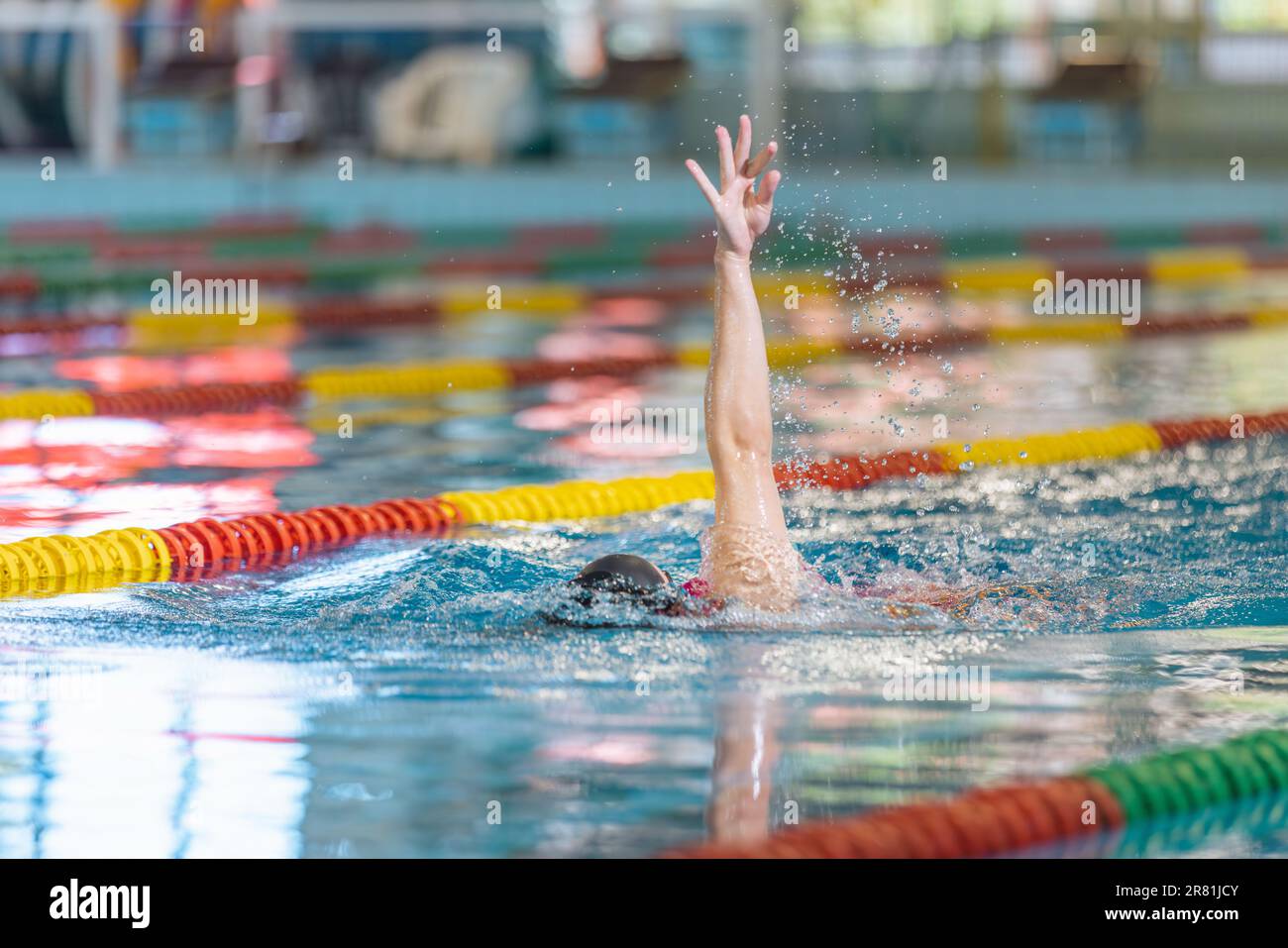 Professional female athlete swimming backstroke in the pool, arms