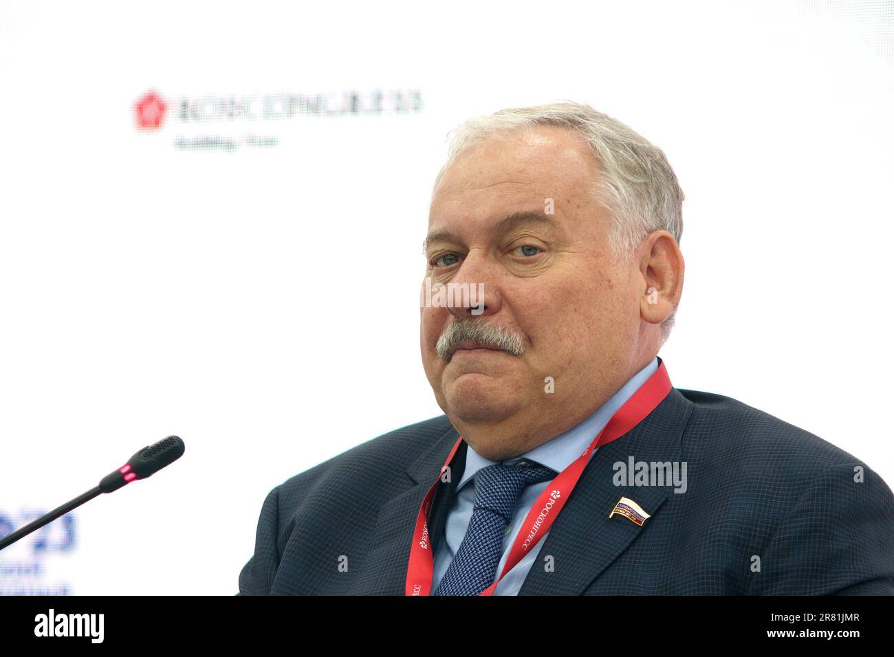 Saint Petersburg, Russia. 14th June, 2023. Konstantin Zatulin, Special Representative of the State Duma of the Russian Federation for Migration and Citizenship, First Deputy Chairman of the Committee of the State Duma of the Russian Federation on CIS Affairs, Eurasian Integration and Relations with Compatriots, attends a session on The Potential of Compatriots for Regional Development in the framework of the St. Petersburg International Economic Forum 2023 (Credit Image: © Maksim Konstantinov/SOPA Images via ZUMA Press Wire) EDITORIAL USAGE ONLY! Not for Commercial USAGE! Stock Photo
