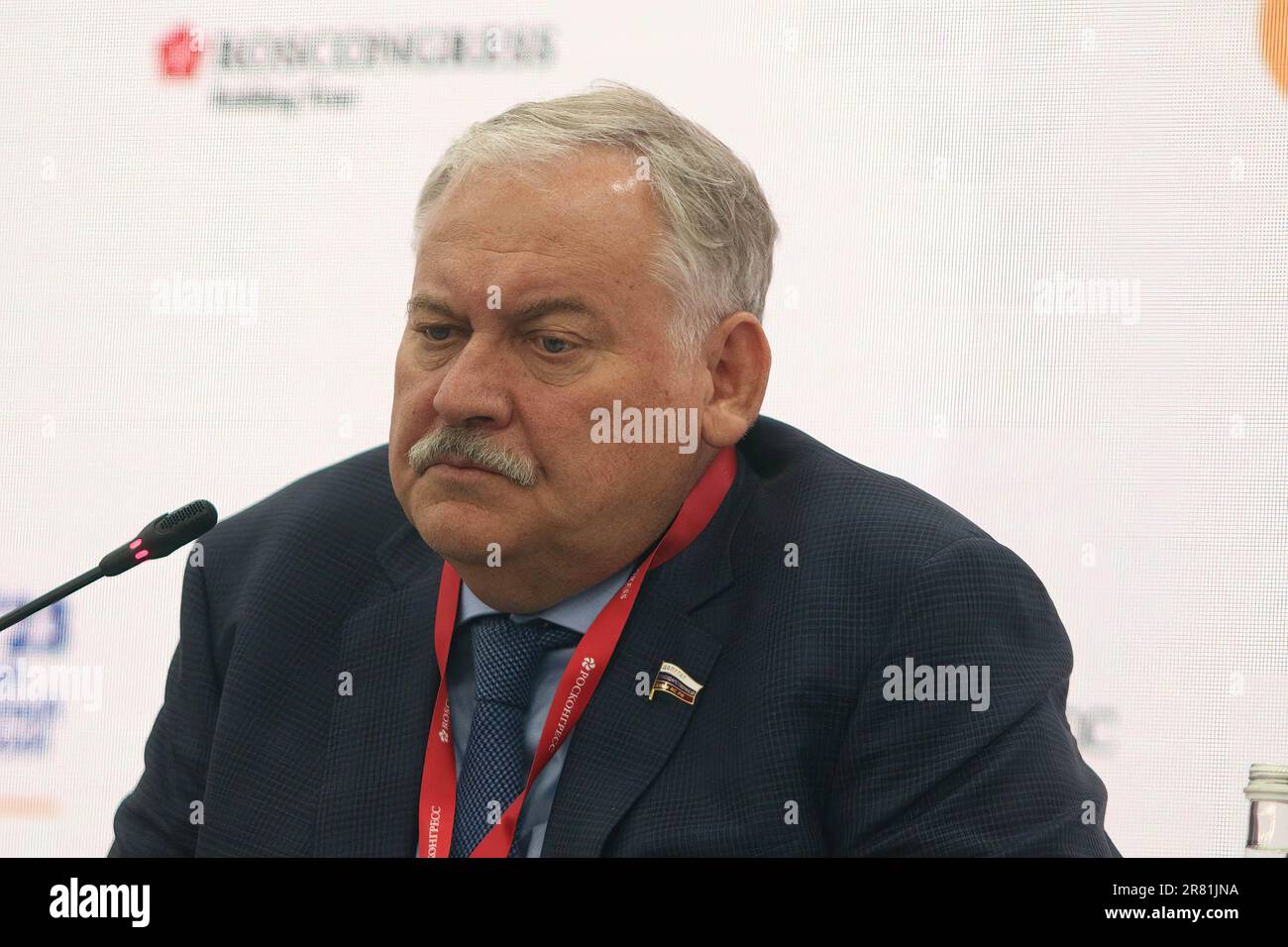 Saint Petersburg, Russia. 14th June, 2023. Konstantin Zatulin, Special Representative of the State Duma of the Russian Federation for Migration and Citizenship, First Deputy Chairman of the Committee of the State Duma of the Russian Federation on CIS Affairs, Eurasian Integration and Relations with Compatriots, attends a session on The Potential of Compatriots for Regional Development in the framework of the St. Petersburg International Economic Forum 2023 (Credit Image: © Maksim Konstantinov/SOPA Images via ZUMA Press Wire) EDITORIAL USAGE ONLY! Not for Commercial USAGE! Stock Photo