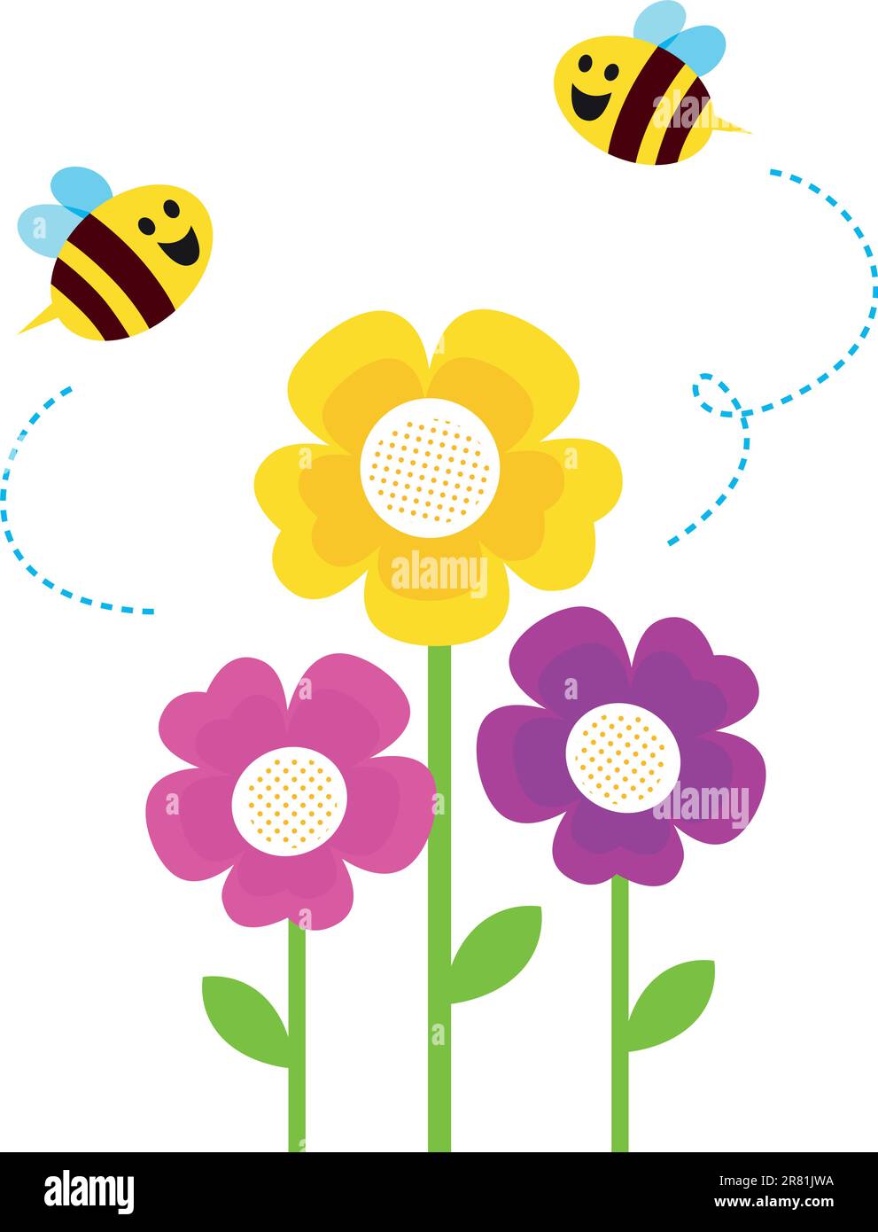 Bees flying closely colorful flowers. Vector Stock Vector Image & Art